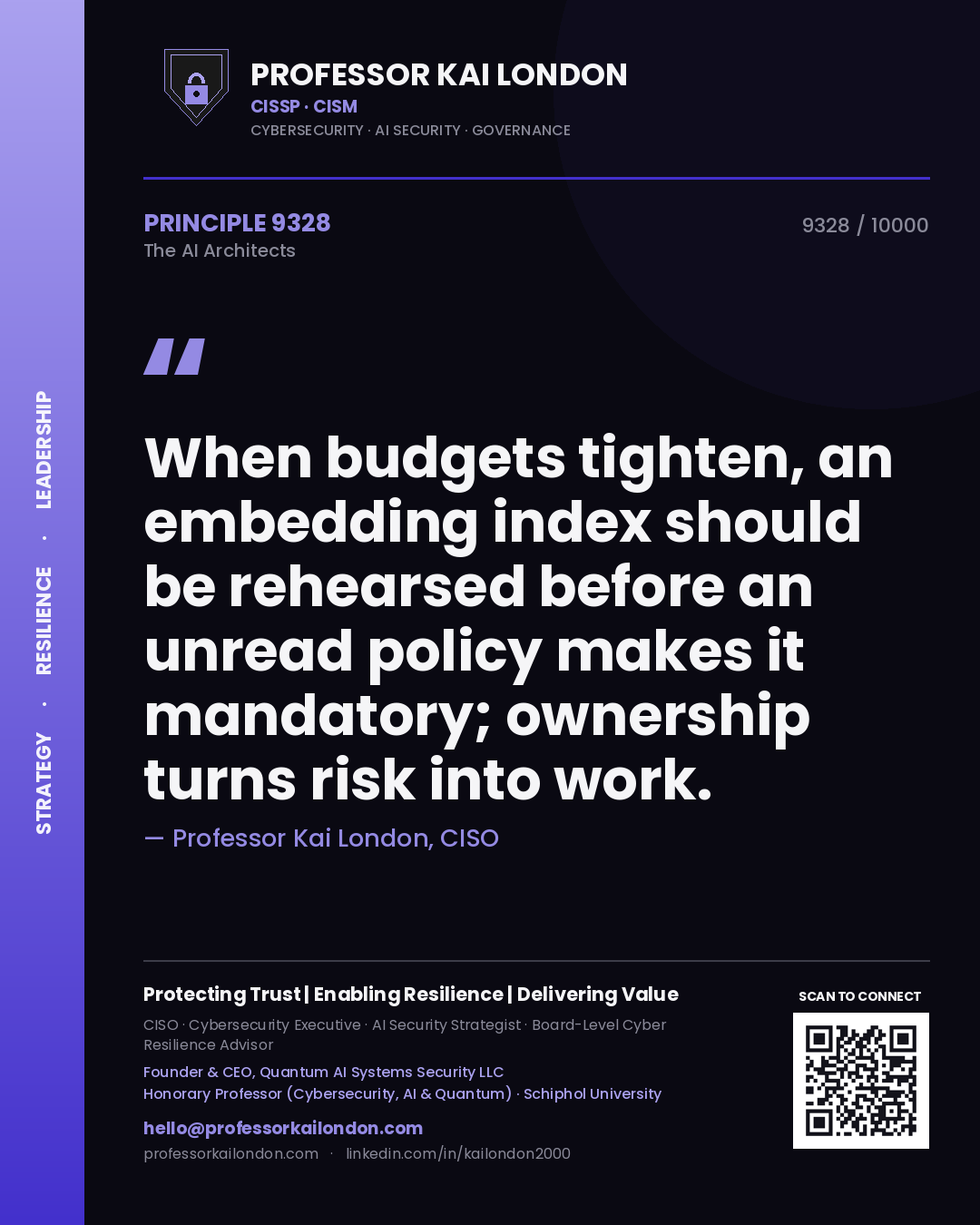 Quote card by Professor Kai London reading 'When budgets tighten, an embedding index should be rehearsed before an unread policy makes it mandatory; ownership turns risk into work.'. From the book The AI Architects.