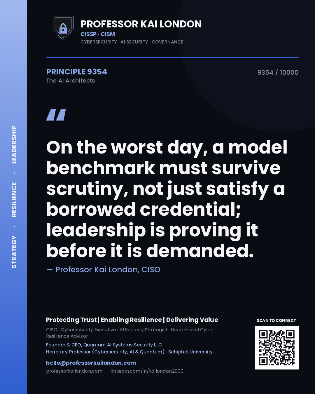 Quote card by Professor Kai London reading 'On the worst day, a model benchmark must survive scrutiny, not just satisfy a borrowed credential; leadership is proving it before it is demanded.'. From the book The AI Architects.