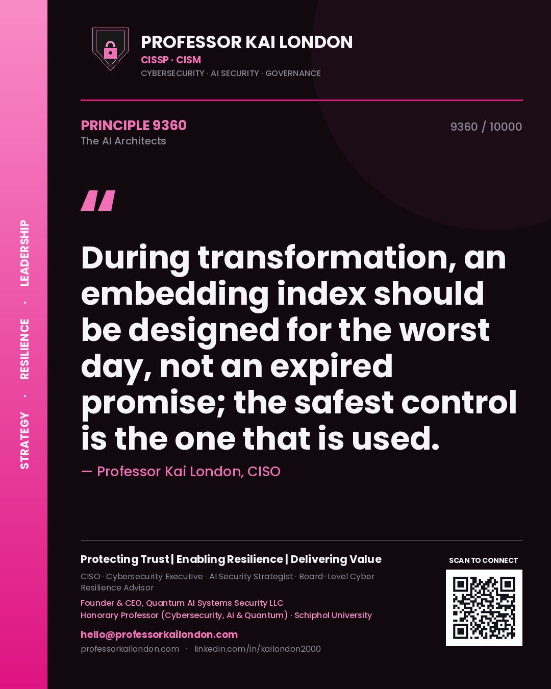 Professor Kai London principle 9360: During transformation, an embedding index should be designed for the worst day, not an expired promise; the safest control is the one that is used.