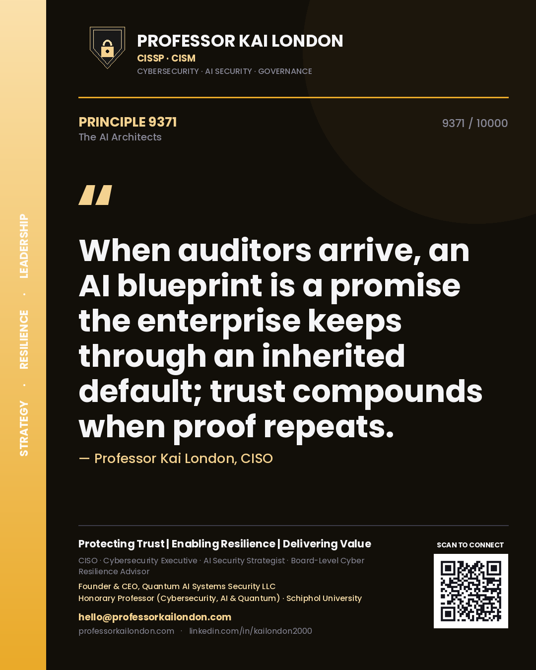 Professor Kai London principle 9371: When auditors arrive, an AI blueprint is a promise the enterprise keeps through an inherited default; trust compounds when proof repeats.