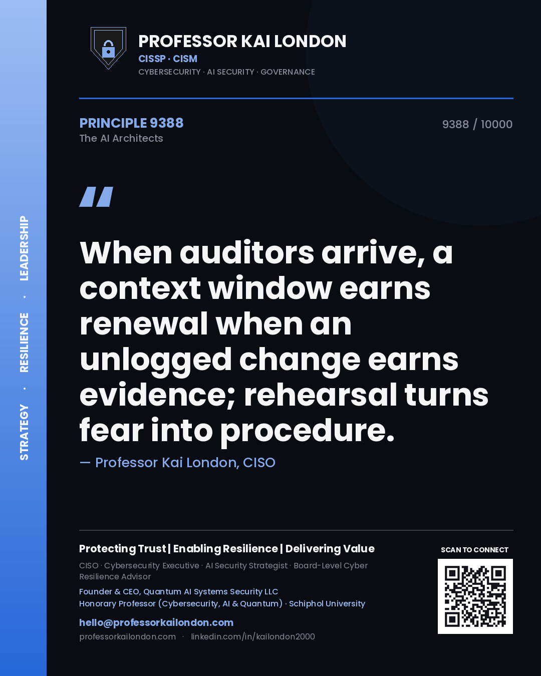 Professor Kai London principle 9388: When auditors arrive, a context window earns renewal when an unlogged change earns evidence; rehearsal turns fear into procedure.