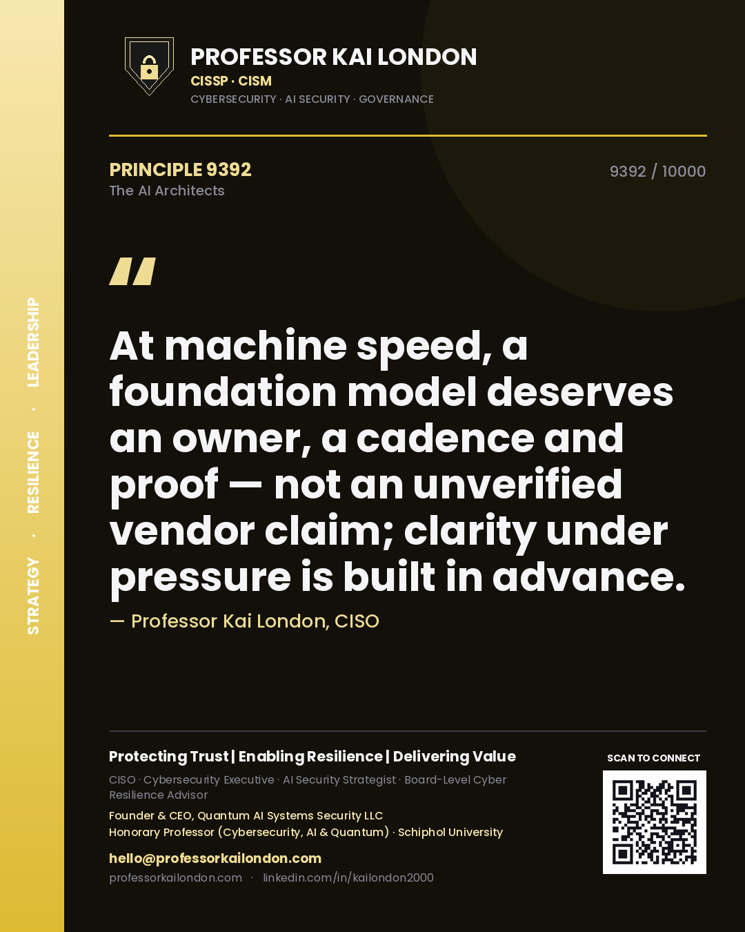 Professor Kai London principle 9392: At machine speed, a foundation model deserves an owner, a cadence and proof — not an unverified vendor claim; clarity under pressure is built in advance.