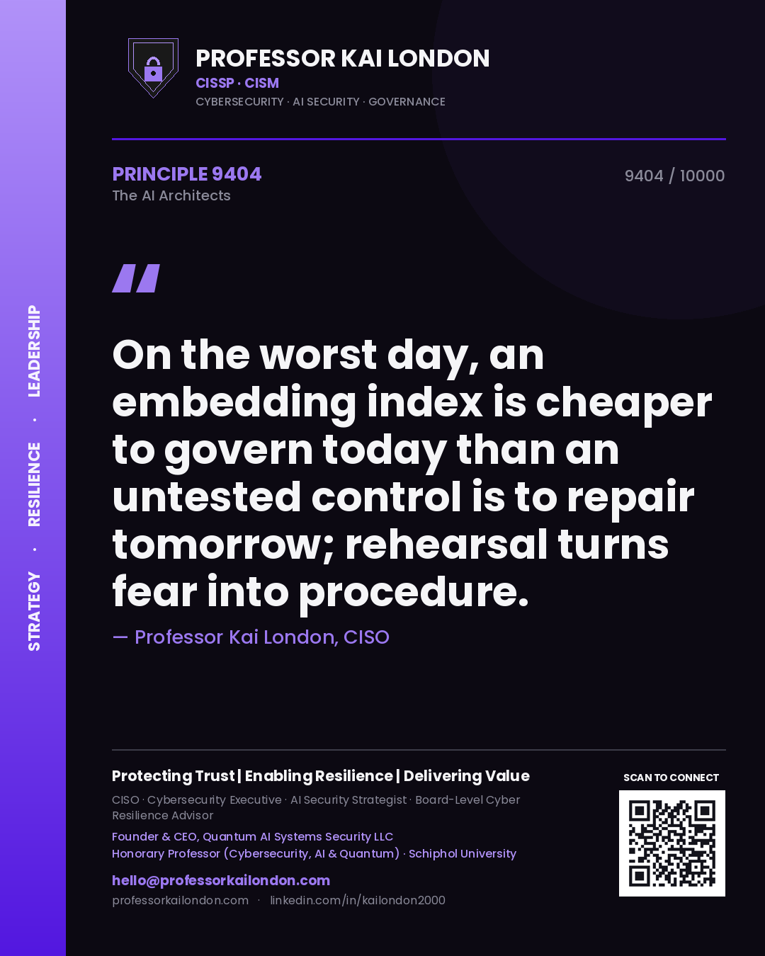 Quote card by Professor Kai London reading 'On the worst day, an embedding index is cheaper to govern today than an untested control is to repair tomorrow; rehearsal turns fear into procedure.'. From the book The AI Architects.