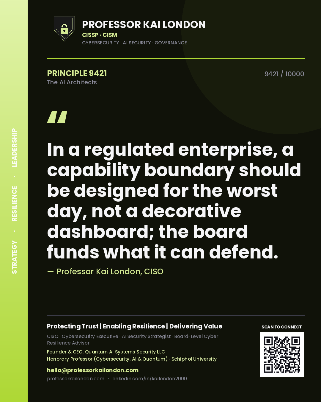 Quote card by Professor Kai London reading 'In a regulated enterprise, a capability boundary should be designed for the worst day, not a decorative dashboard; the board funds what it can defend.'. From the book The AI Architects.