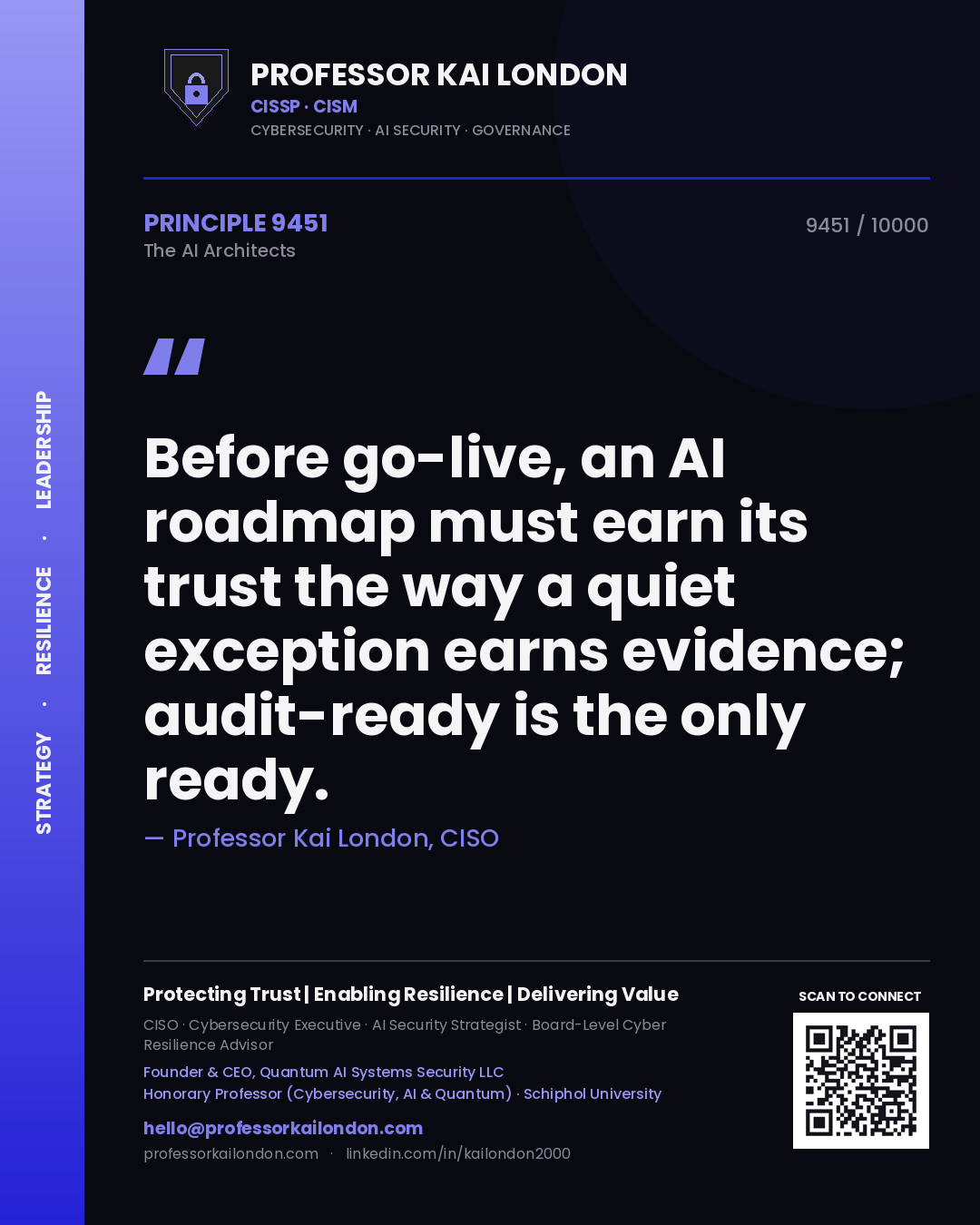 Quote card by Professor Kai London reading 'Before go-live, an AI roadmap must earn its trust the way a quiet exception earns evidence; audit-ready is the only ready.'. From the book The AI Architects.