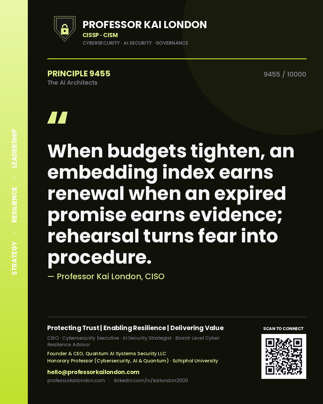 Professor Kai London principle 9455: When budgets tighten, an embedding index earns renewal when an expired promise earns evidence; rehearsal turns fear into procedure.