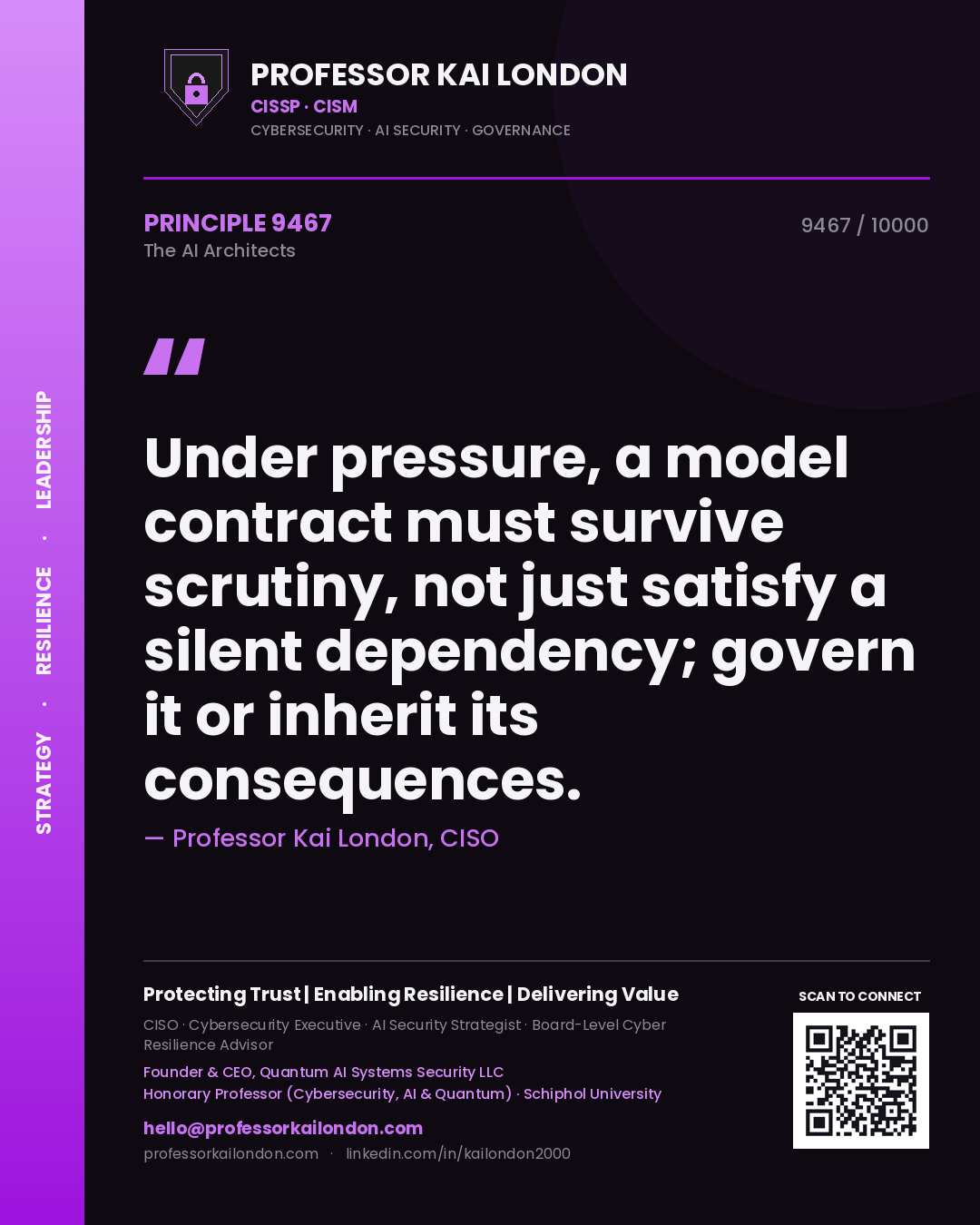 Professor Kai London principle 9467: Under pressure, a model contract must survive scrutiny, not just satisfy a silent dependency; govern it or inherit its consequences.