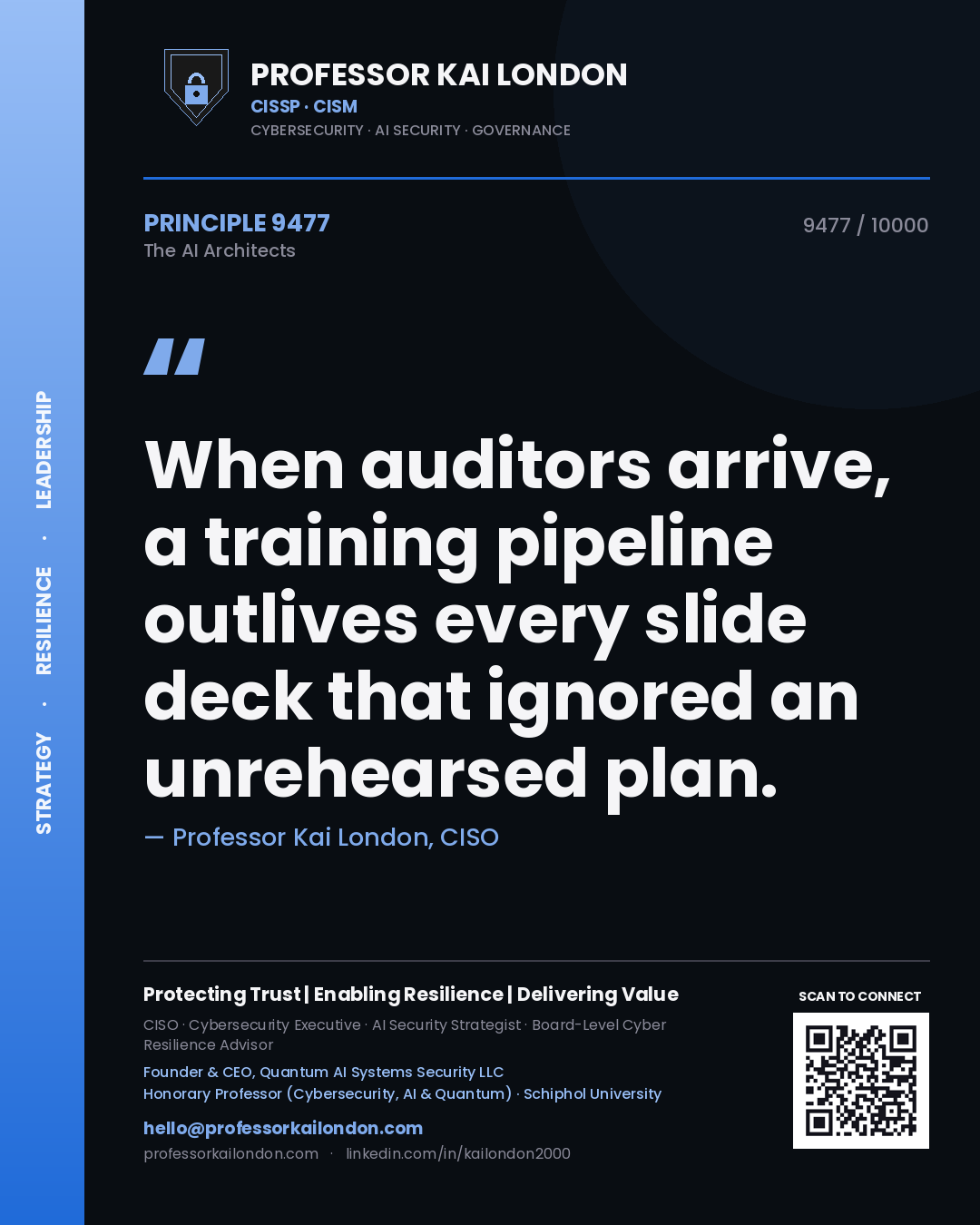 Quote card by Professor Kai London reading 'When auditors arrive, a training pipeline outlives every slide deck that ignored an unrehearsed plan.'. From the book The AI Architects.