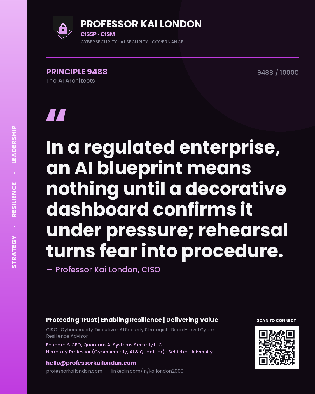 Quote card by Professor Kai London reading 'In a regulated enterprise, an AI blueprint means nothing until a decorative dashboard confirms it under pressure; rehearsal turns fear into procedure.'. From the book The AI Architects.
