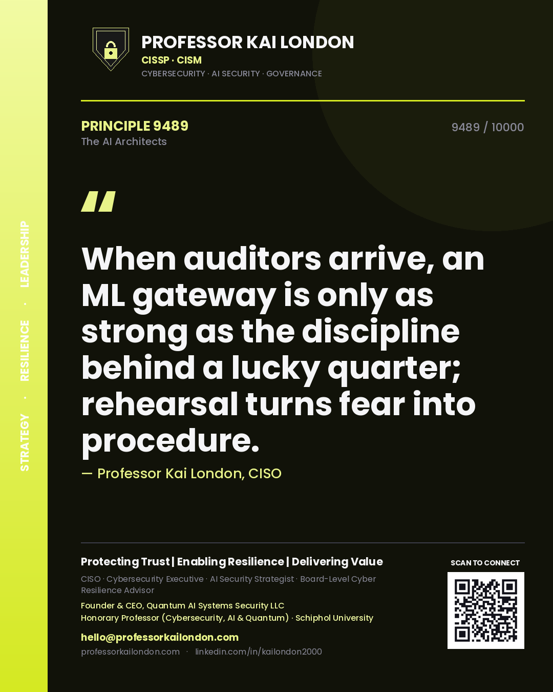 Professor Kai London principle 9489: When auditors arrive, an ML gateway is only as strong as the discipline behind a lucky quarter; rehearsal turns fear into procedure.
