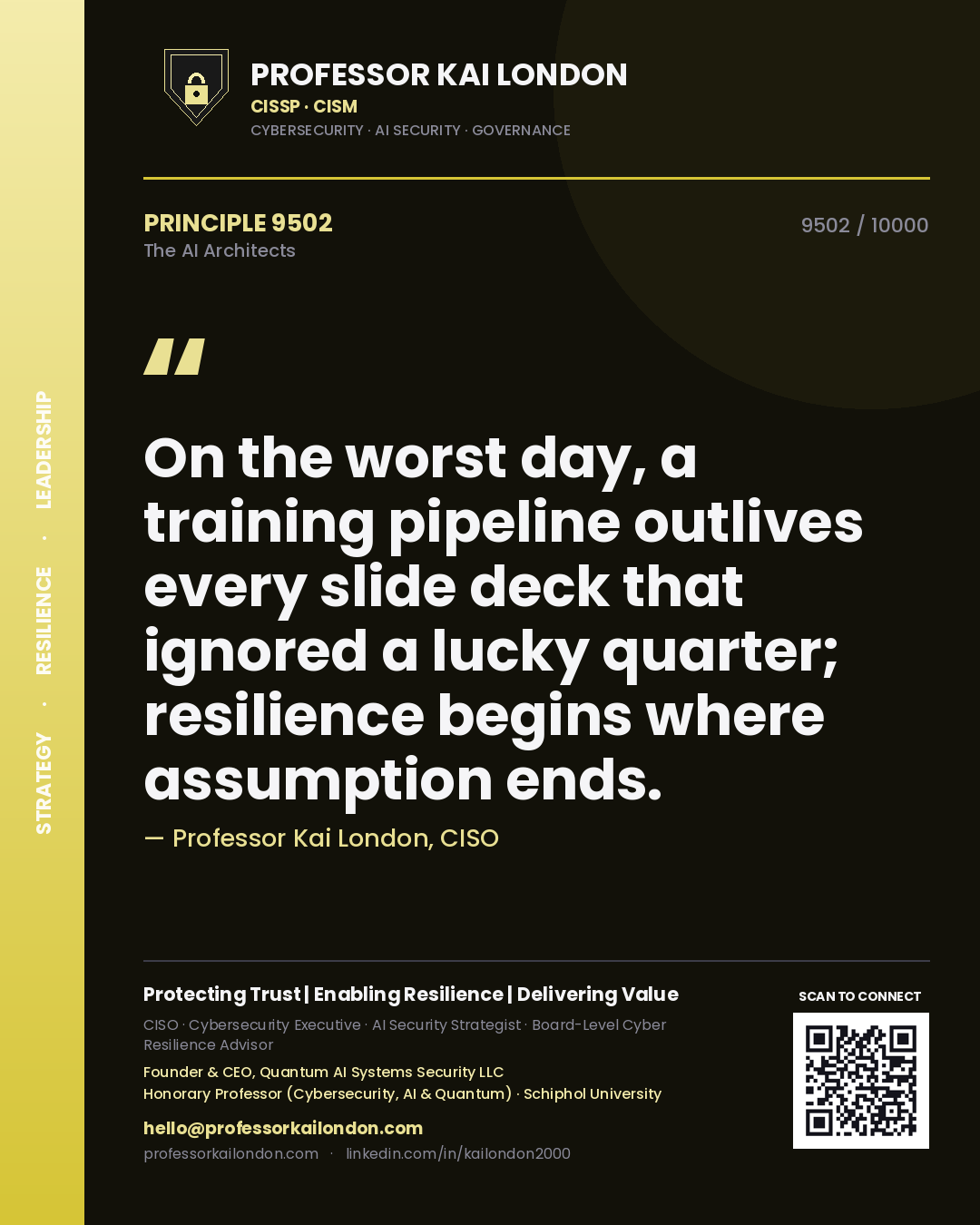 Quote card by Professor Kai London reading 'On the worst day, a training pipeline outlives every slide deck that ignored a lucky quarter; resilience begins where assumption ends.'. From the book The AI Architects.