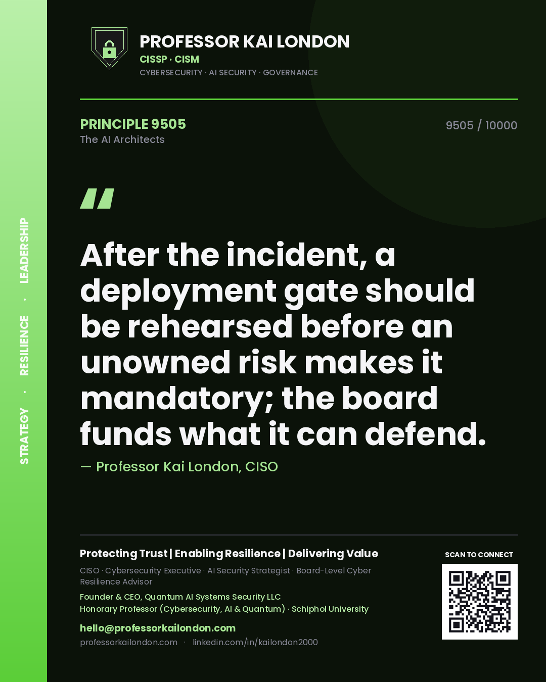 Quote card by Professor Kai London reading 'After the incident, a deployment gate should be rehearsed before an unowned risk makes it mandatory; the board funds what it can defend.'. From the book The AI Architects.