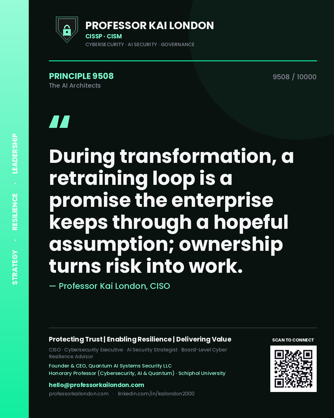 Quote card by Professor Kai London reading 'During transformation, a retraining loop is a promise the enterprise keeps through a hopeful assumption; ownership turns risk into work.'. From the book The AI Architects.