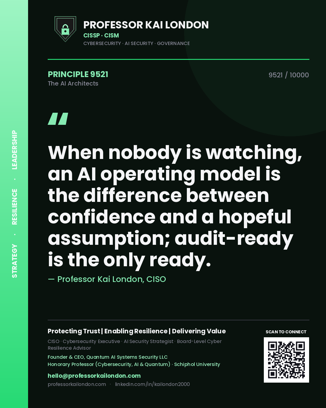 Quote card by Professor Kai London reading 'When nobody is watching, an AI operating model is the difference between confidence and a hopeful assumption; audit-ready is the only ready.'. From the book The AI Architects.