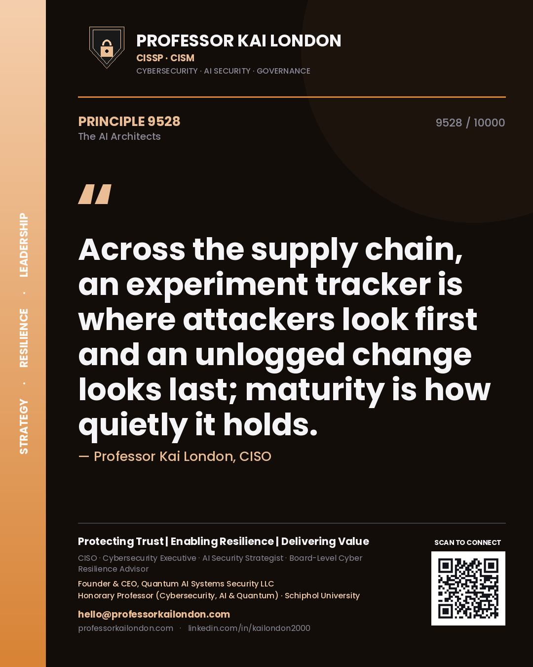 Quote card by Professor Kai London reading 'Across the supply chain, an experiment tracker is where attackers look first and an unlogged change looks last; maturity is how quietly it holds.'. From the book The AI Architects.