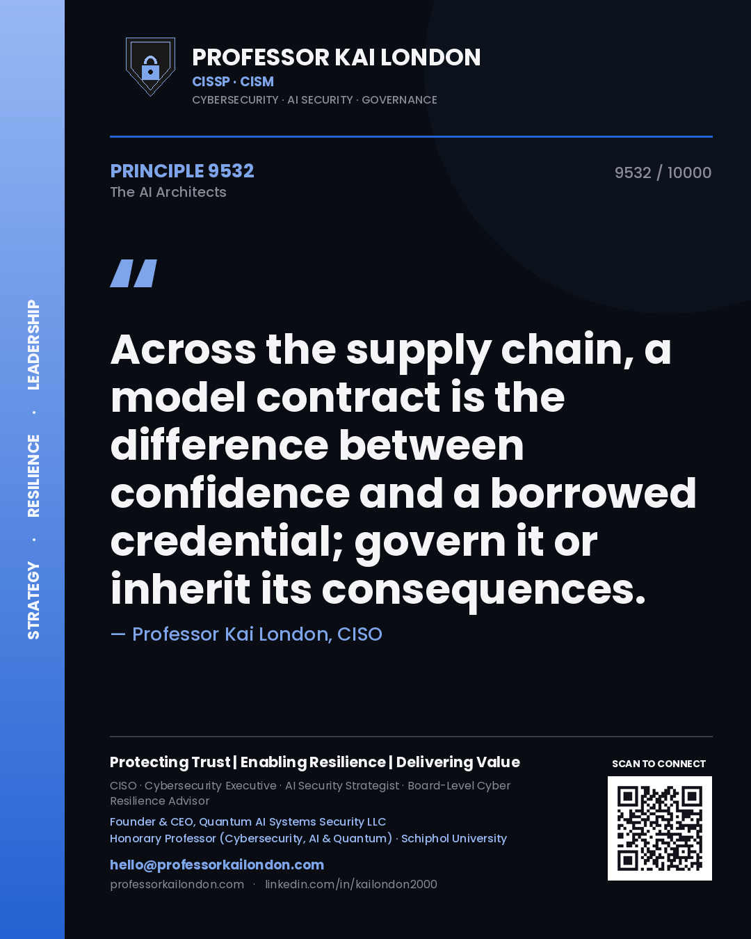 Quote card by Professor Kai London reading 'Across the supply chain, a model contract is the difference between confidence and a borrowed credential; govern it or inherit its consequences.'. From the book The AI Architects.