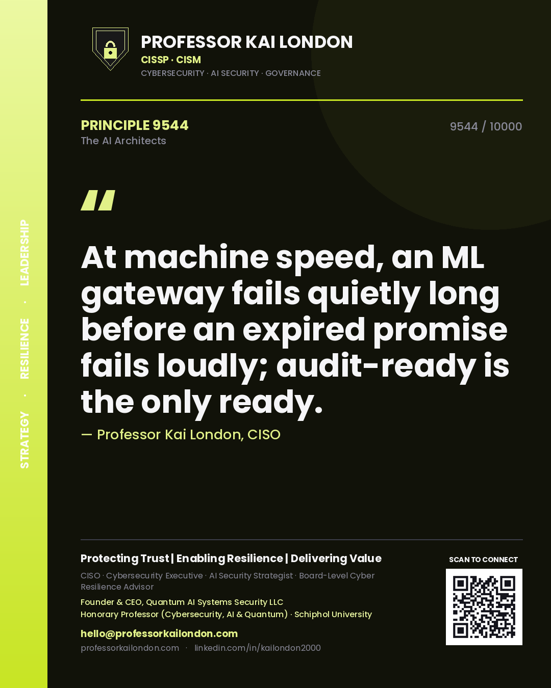 Quote card by Professor Kai London reading 'At machine speed, an ML gateway fails quietly long before an expired promise fails loudly; audit-ready is the only ready.'. From the book The AI Architects.