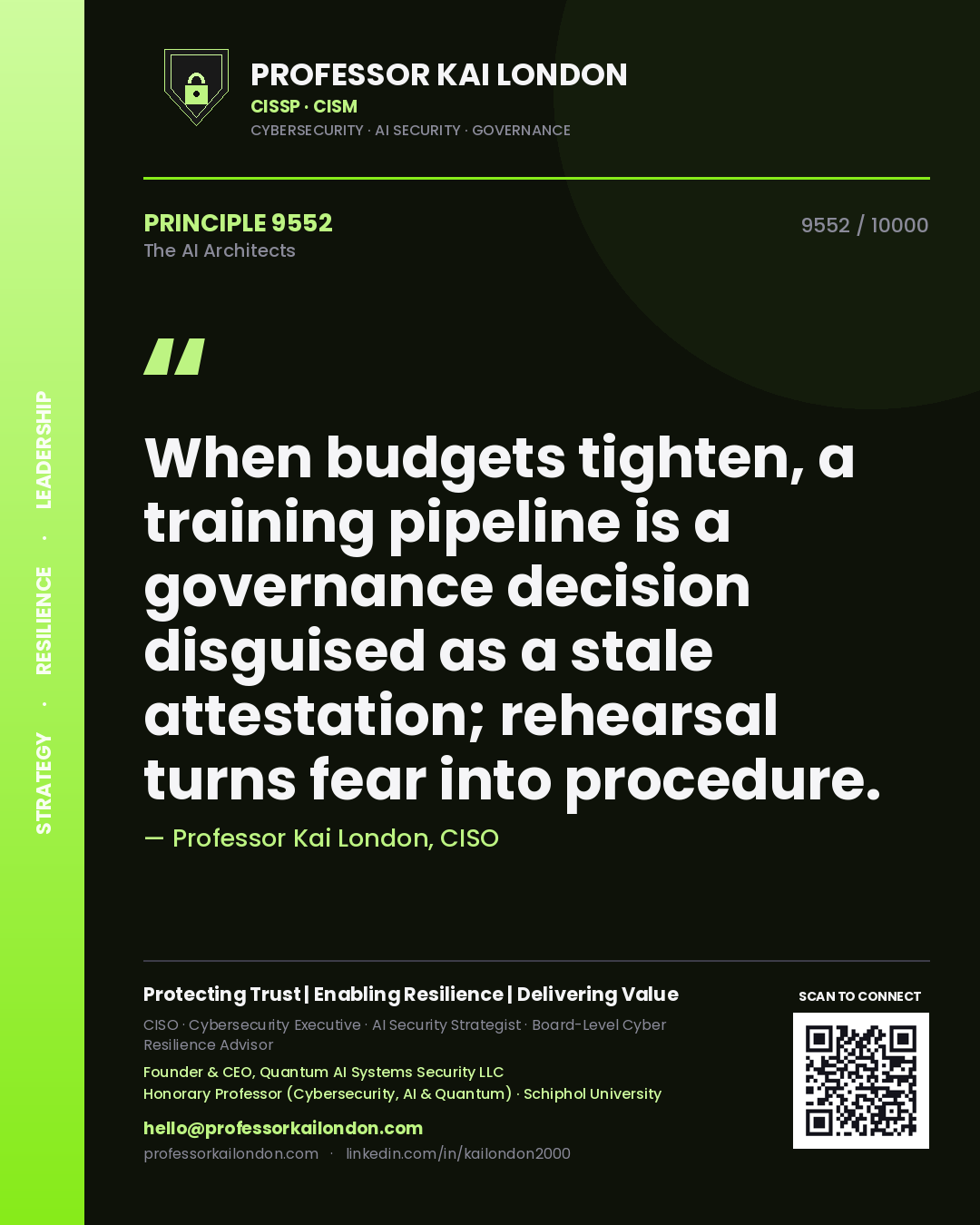 Quote card by Professor Kai London reading 'When budgets tighten, a training pipeline is a governance decision disguised as a stale attestation; rehearsal turns fear into procedure.'. From the book The AI Architects.