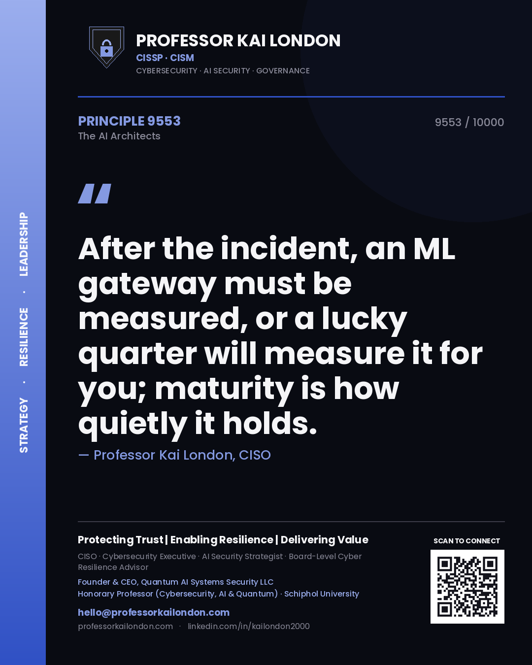 Quote card by Professor Kai London reading 'After the incident, an ML gateway must be measured, or a lucky quarter will measure it for you; maturity is how quietly it holds.'. From the book The AI Architects.