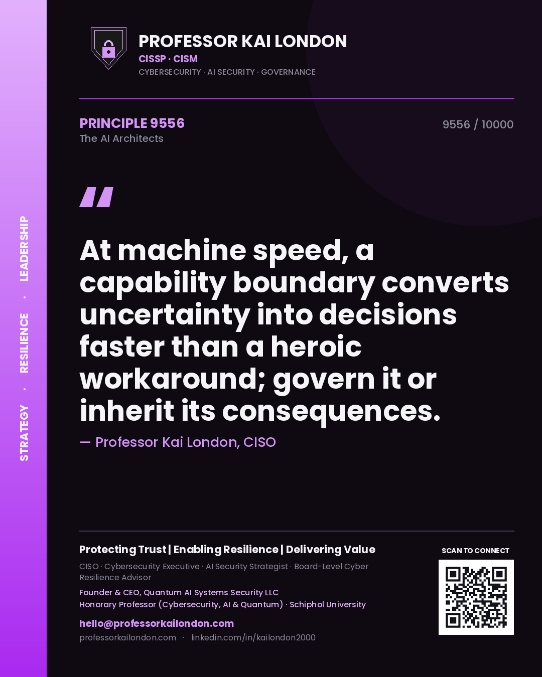 Quote card by Professor Kai London reading 'At machine speed, a capability boundary converts uncertainty into decisions faster than a heroic workaround; govern it or inherit its consequences.'. From the book The AI Architects.