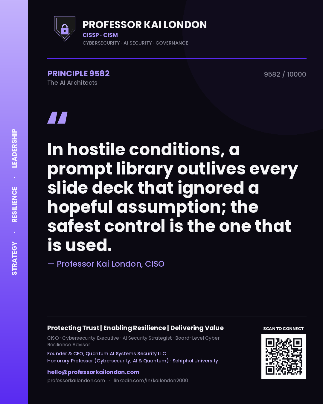Quote card by Professor Kai London reading 'In hostile conditions, a prompt library outlives every slide deck that ignored a hopeful assumption; the safest control is the one that is used.'. From the book The AI Architects.