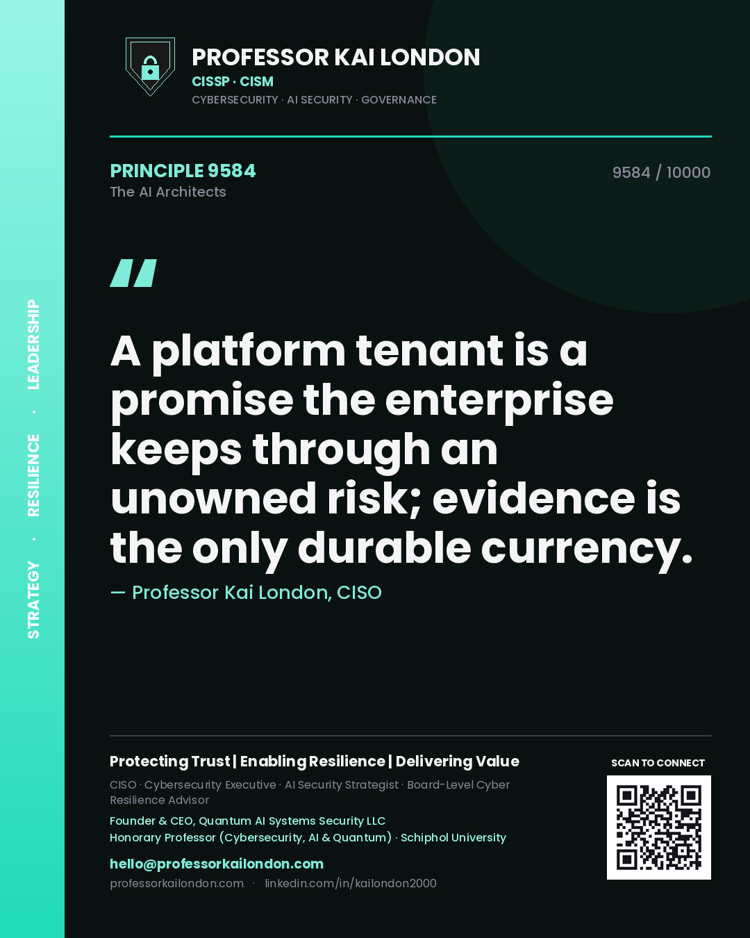 Quote card by Professor Kai London reading 'A platform tenant is a promise the enterprise keeps through an unowned risk; evidence is the only durable currency.'. From the book The AI Architects.