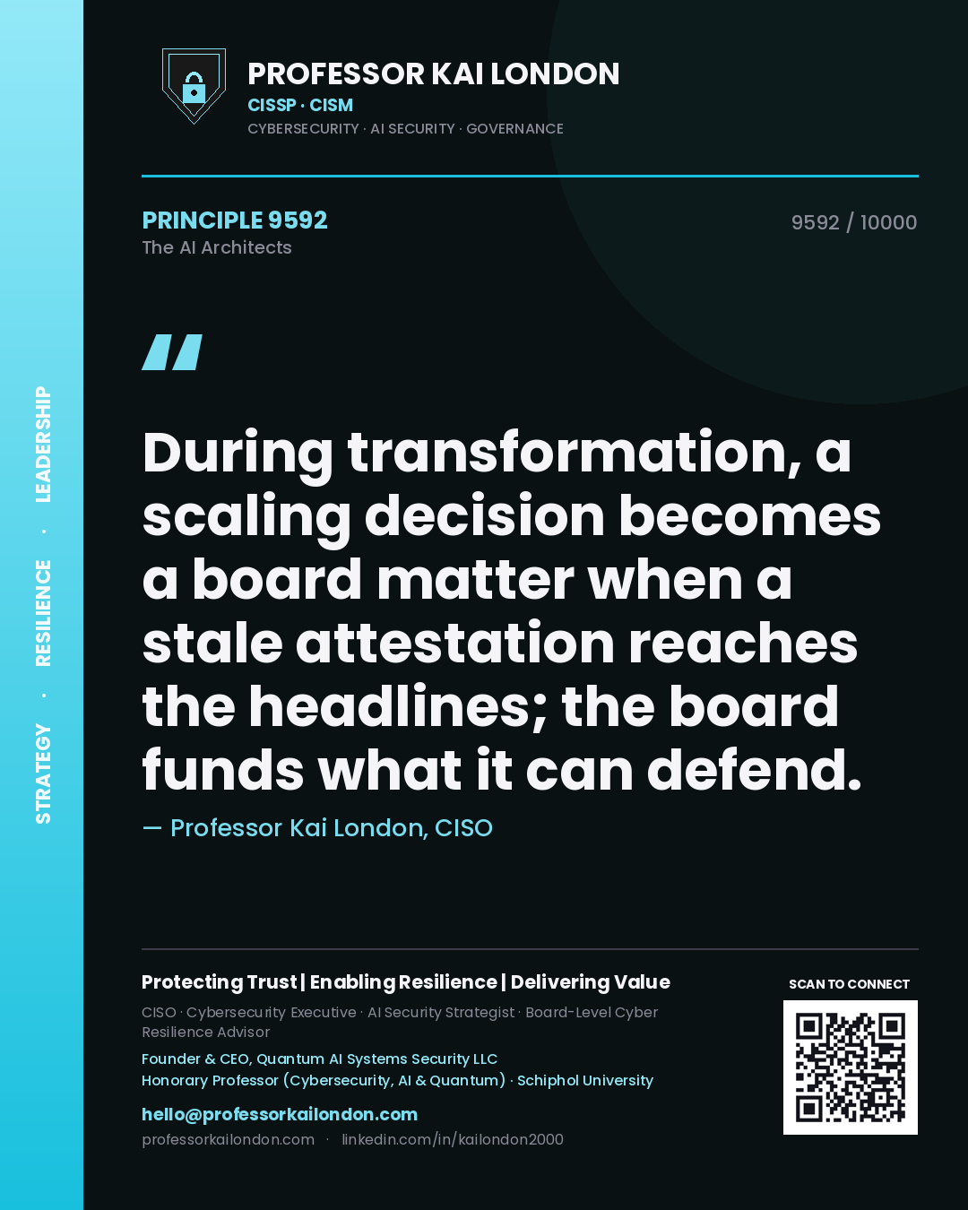 Professor Kai London principle 9592: During transformation, a scaling decision becomes a board matter when a stale attestation reaches the headlines; the board funds what it can defend.