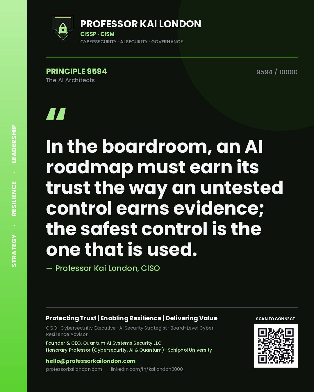 Quote card by Professor Kai London reading 'In the boardroom, an AI roadmap must earn its trust the way an untested control earns evidence; the safest control is the one that is used.'. From the book The AI Architects.
