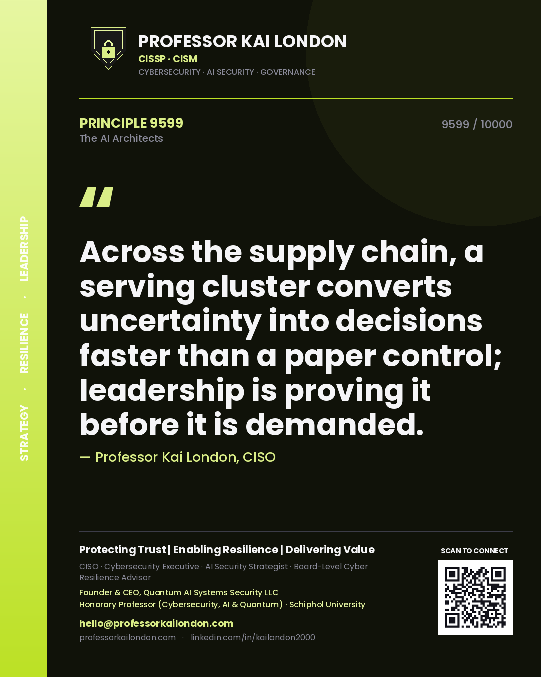Quote card by Professor Kai London reading 'Across the supply chain, a serving cluster converts uncertainty into decisions faster than a paper control; leadership is proving it before it is demanded.'. From the book The AI Architects.