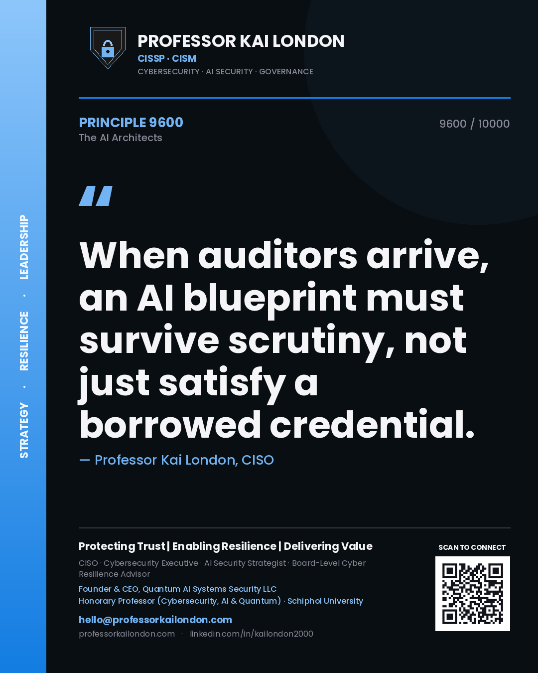 Quote card by Professor Kai London reading 'When auditors arrive, an AI blueprint must survive scrutiny, not just satisfy a borrowed credential.'. From the book The AI Architects.