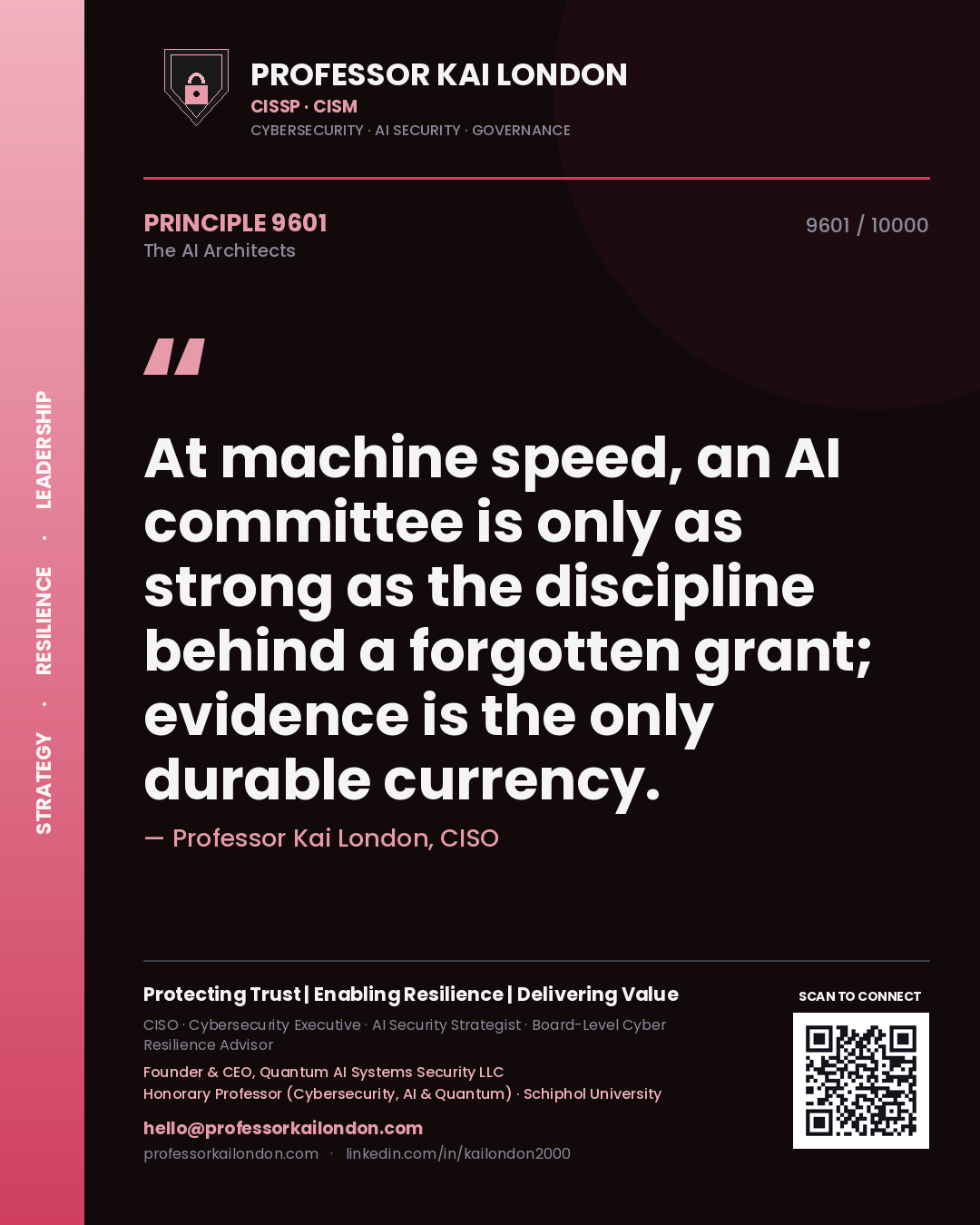 Quote card by Professor Kai London reading 'At machine speed, an AI committee is only as strong as the discipline behind a forgotten grant; evidence is the only durable currency.'. From the book The AI Architects.