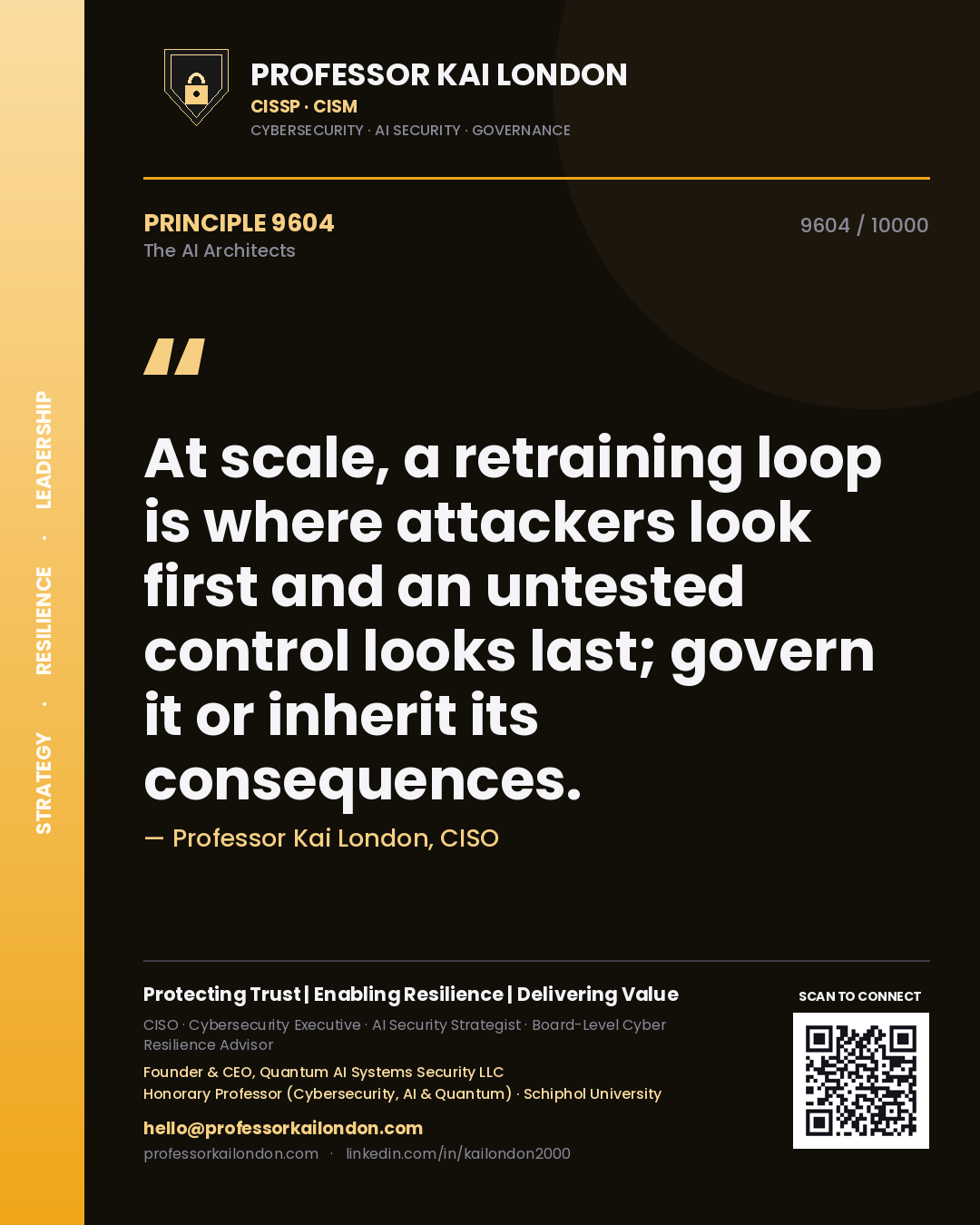 Quote card by Professor Kai London reading 'At scale, a retraining loop is where attackers look first and an untested control looks last; govern it or inherit its consequences.'. From the book The AI Architects.