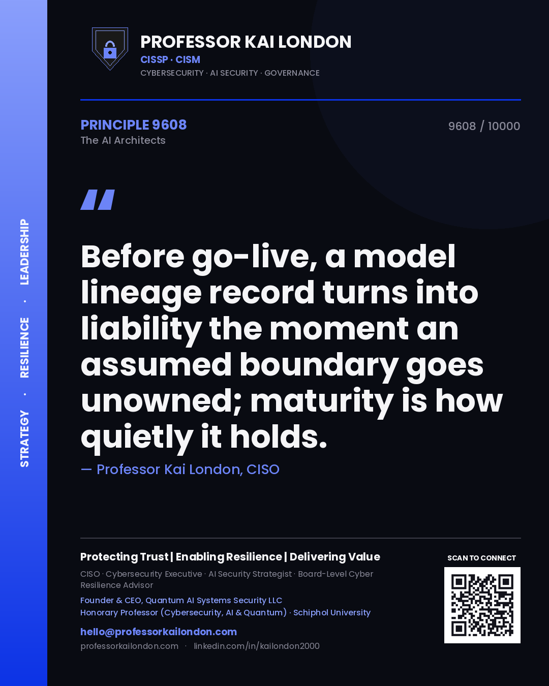 Quote card by Professor Kai London reading 'Before go-live, a model lineage record turns into liability the moment an assumed boundary goes unowned; maturity is how quietly it holds.'. From the book The AI Architects.