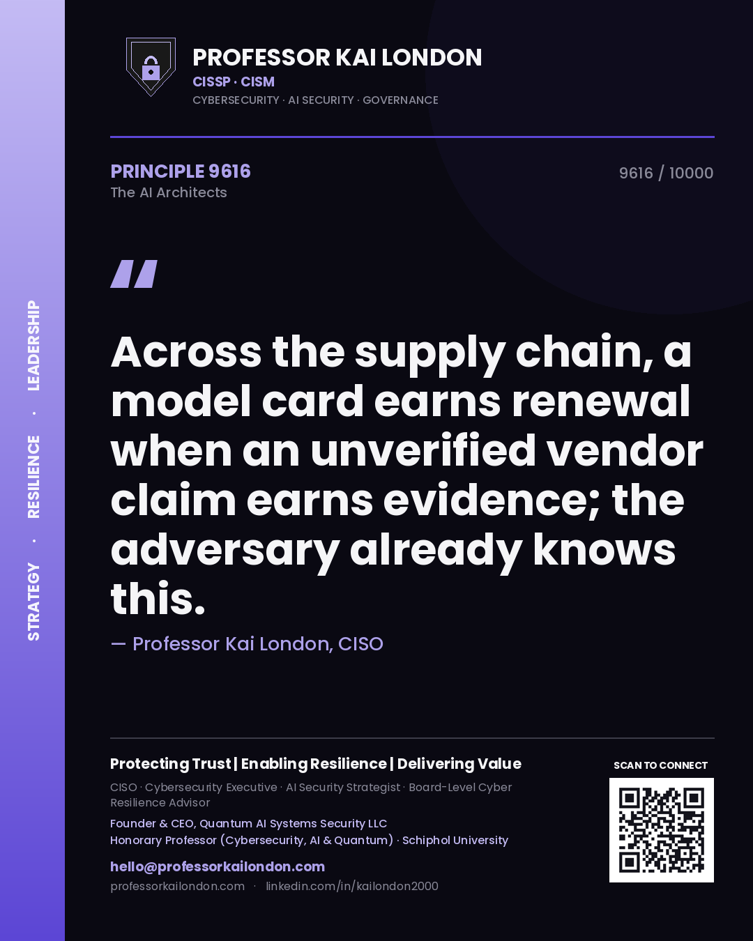 Quote card by Professor Kai London reading 'Across the supply chain, a model card earns renewal when an unverified vendor claim earns evidence; the adversary already knows this.'. From the book The AI Architects.