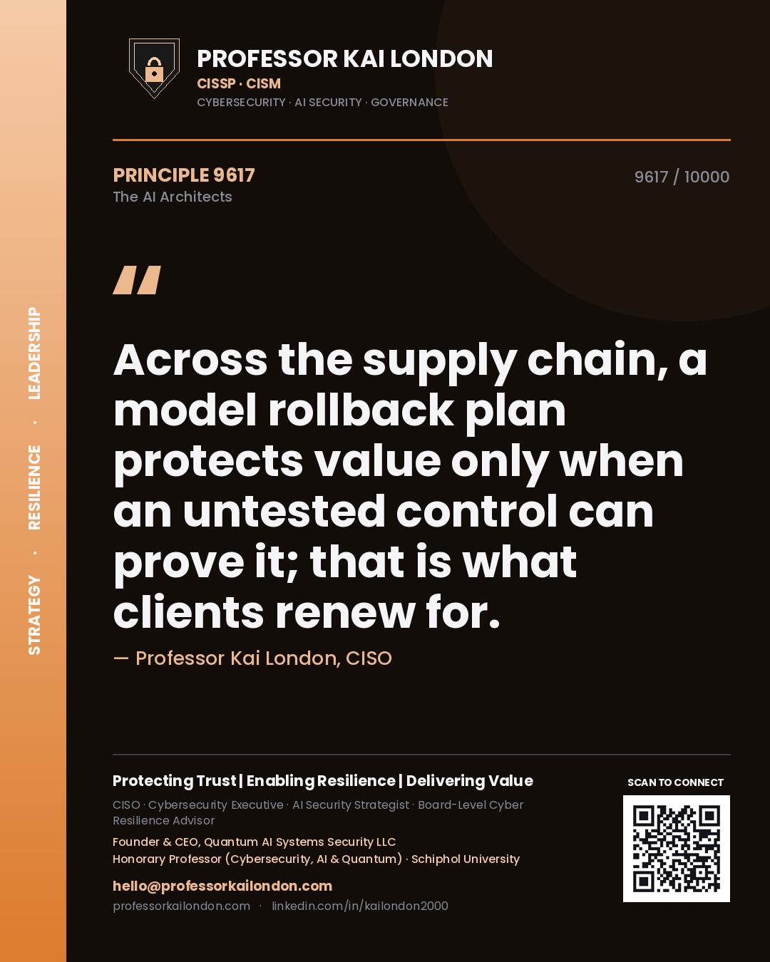 Quote card by Professor Kai London reading 'Across the supply chain, a model rollback plan protects value only when an untested control can prove it; that is what clients renew for.'. From the book The AI Architects.