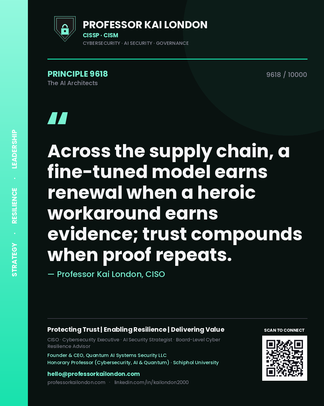 Quote card by Professor Kai London reading 'Across the supply chain, a fine-tuned model earns renewal when a heroic workaround earns evidence; trust compounds when proof repeats.'. From the book The AI Architects.