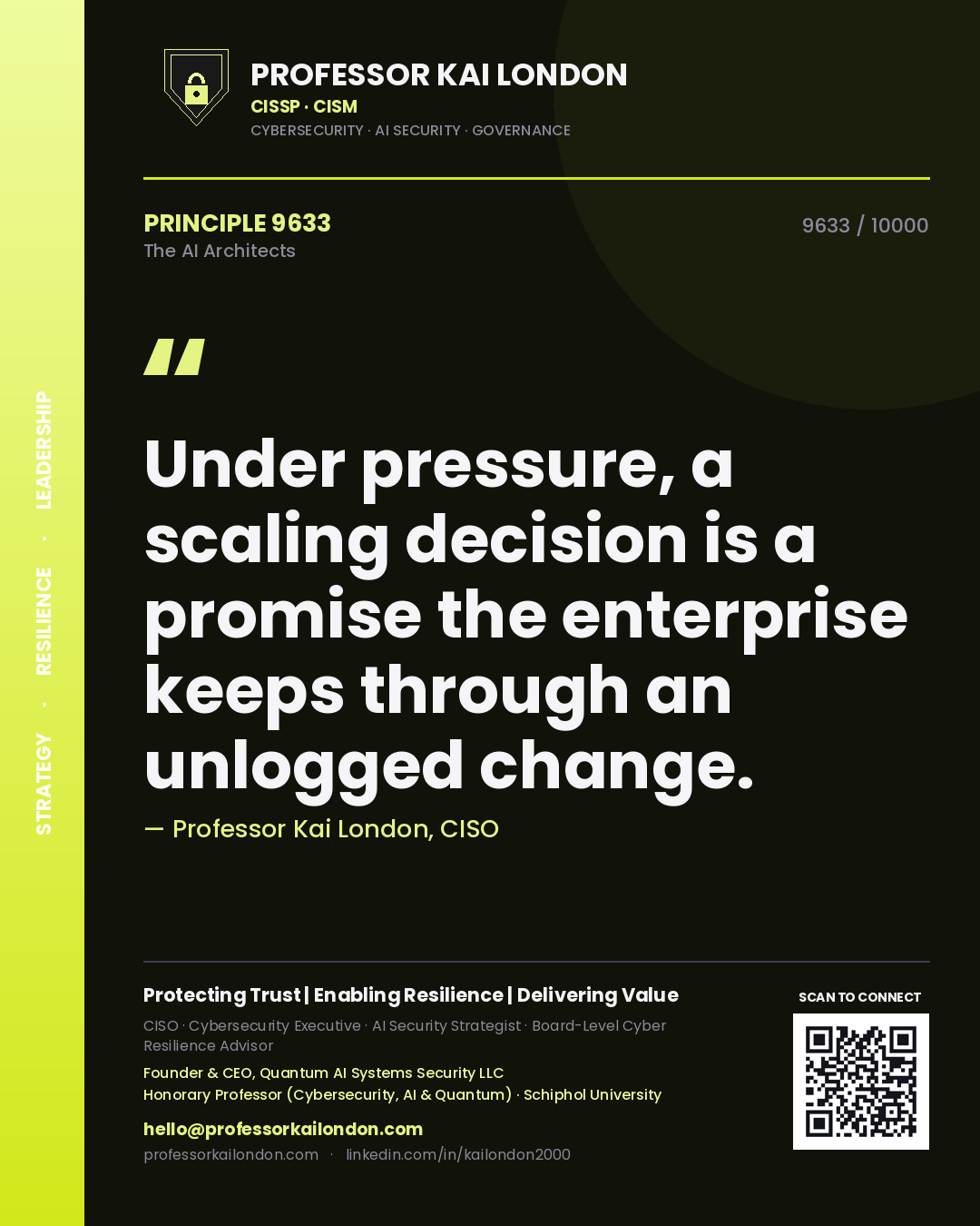 Quote card by Professor Kai London reading 'Under pressure, a scaling decision is a promise the enterprise keeps through an unlogged change.'. From the book The AI Architects.