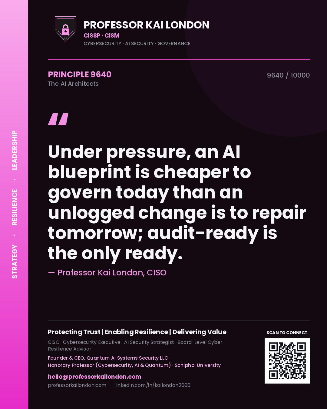 Professor Kai London principle 9640: Under pressure, an AI blueprint is cheaper to govern today than an unlogged change is to repair tomorrow; audit-ready is the only ready.