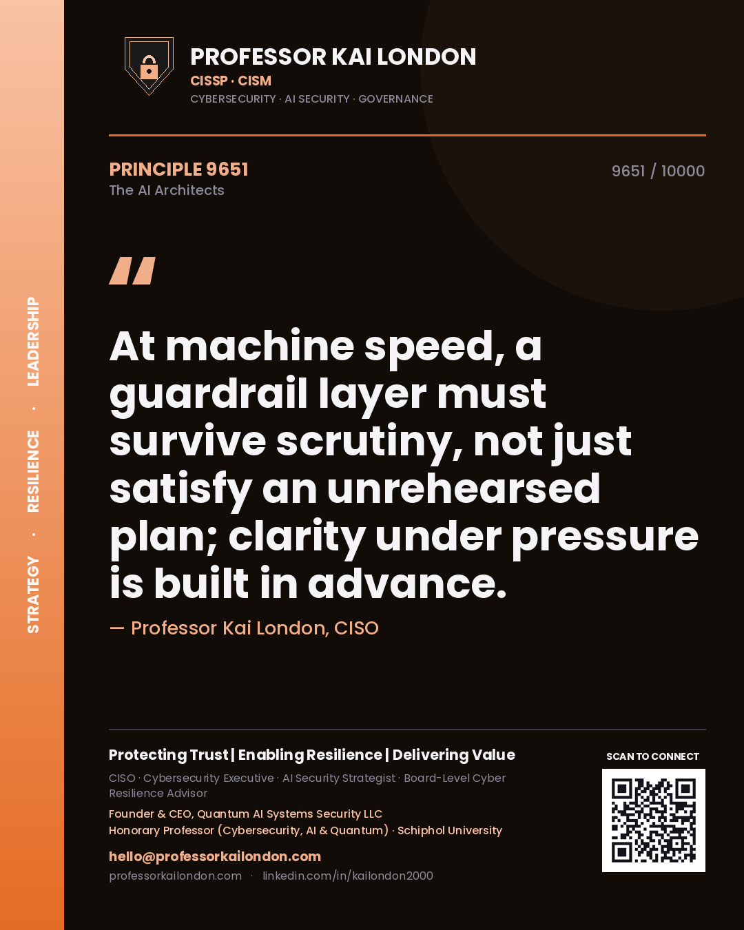 Quote card by Professor Kai London reading 'At machine speed, a guardrail layer must survive scrutiny, not just satisfy an unrehearsed plan; clarity under pressure is built in advance.'. From the book The AI Architects.