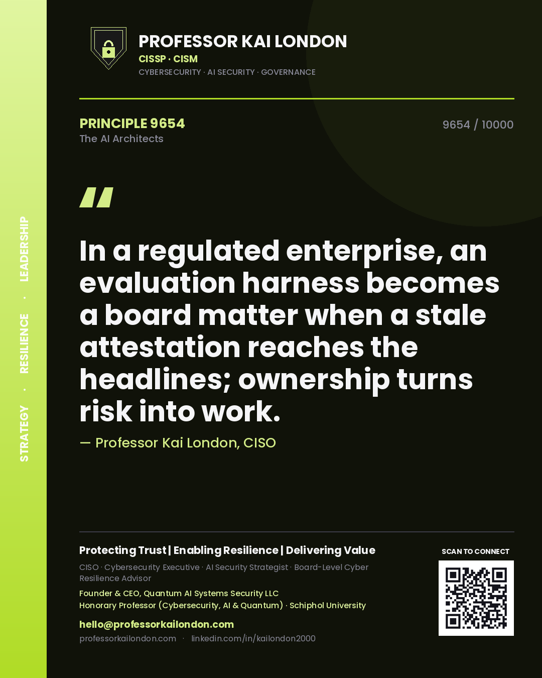 Quote card by Professor Kai London reading 'In a regulated enterprise, an evaluation harness becomes a board matter when a stale attestation reaches the headlines; ownership turns risk into work.'. From the book The AI Architects.