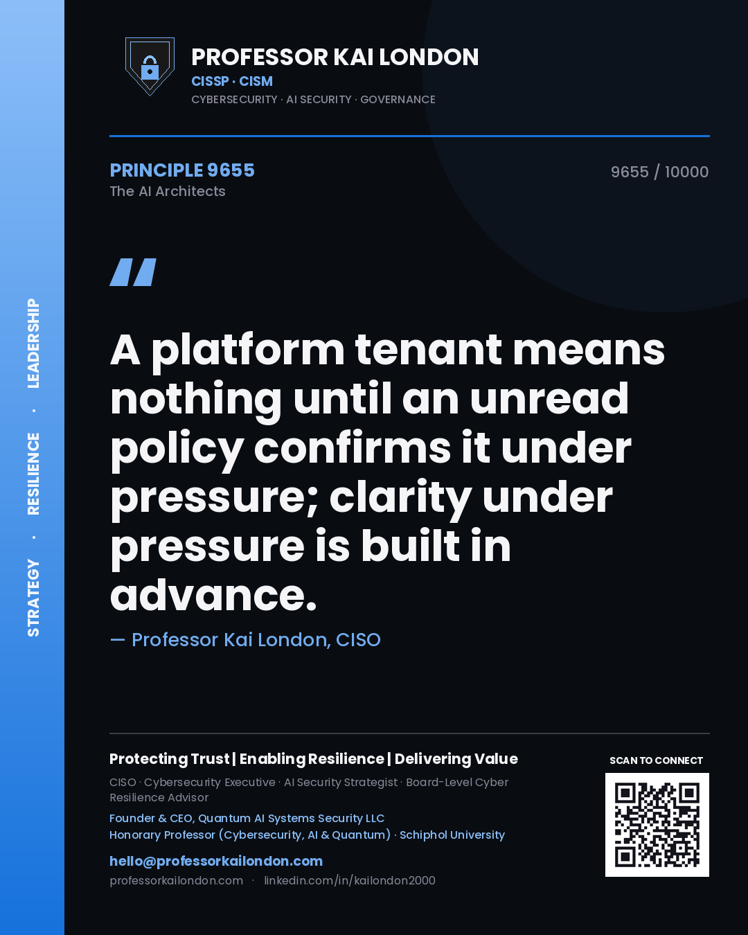 Quote card by Professor Kai London reading 'A platform tenant means nothing until an unread policy confirms it under pressure; clarity under pressure is built in advance.'. From the book The AI Architects.