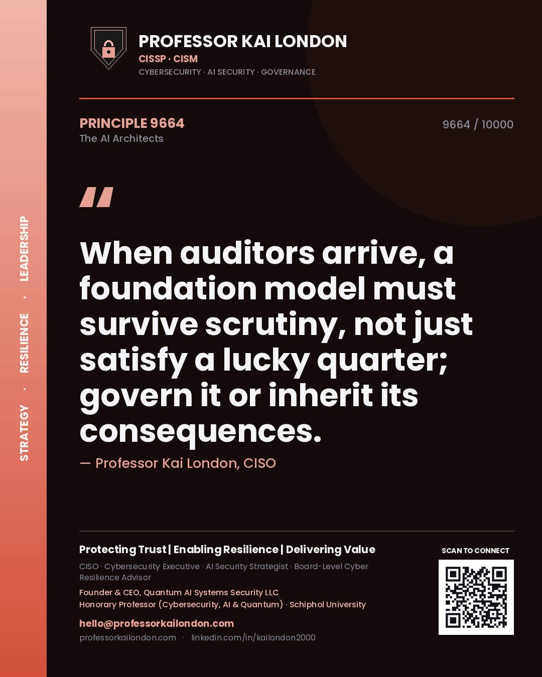 Quote card by Professor Kai London reading 'When auditors arrive, a foundation model must survive scrutiny, not just satisfy a lucky quarter; govern it or inherit its consequences.'. From the book The AI Architects.