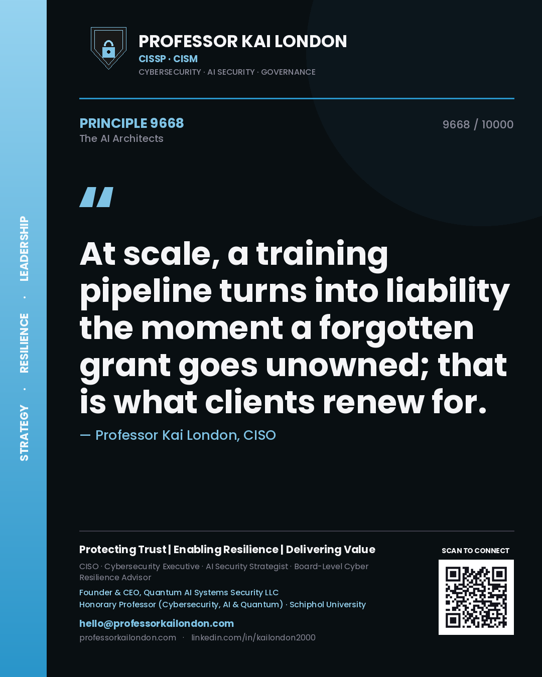 Quote card by Professor Kai London reading 'At scale, a training pipeline turns into liability the moment a forgotten grant goes unowned; that is what clients renew for.'. From the book The AI Architects.
