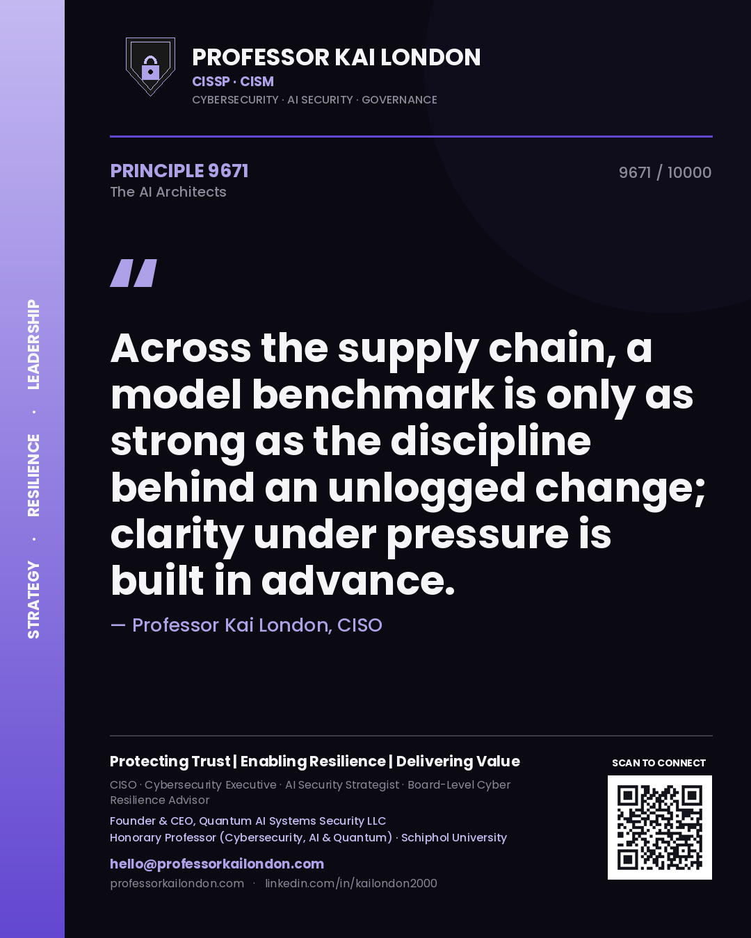 Quote card by Professor Kai London reading 'Across the supply chain, a model benchmark is only as strong as the discipline behind an unlogged change; clarity under pressure is built in advance.'. From the book The AI Architects.