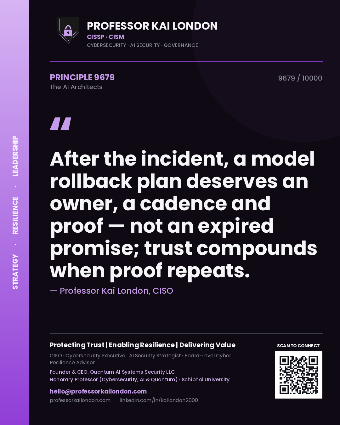 Quote card by Professor Kai London reading 'After the incident, a model rollback plan deserves an owner, a cadence and proof — not an expired promise; trust compounds when proof repeats.'. From the book The AI Architects.
