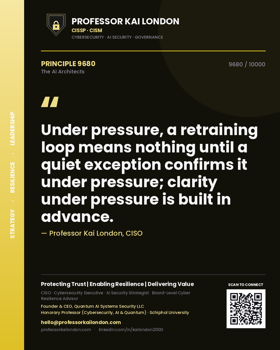 Quote card by Professor Kai London reading 'Under pressure, a retraining loop means nothing until a quiet exception confirms it under pressure; clarity under pressure is built in advance.'. From the book The AI Architects.