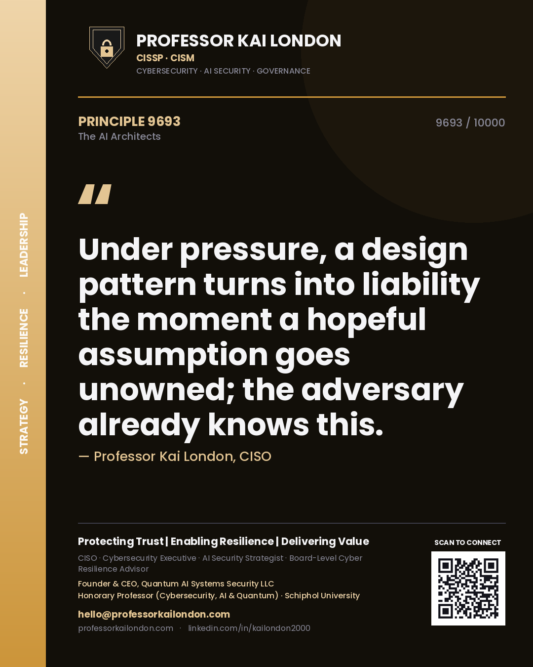 Quote card by Professor Kai London reading 'Under pressure, a design pattern turns into liability the moment a hopeful assumption goes unowned; the adversary already knows this.'. From the book The AI Architects.