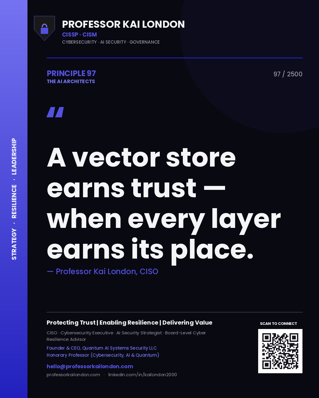 Quote card by Professor Kai London reading 'A vector store earns trust — when every layer earns its place.'. From the book The AI Architects.