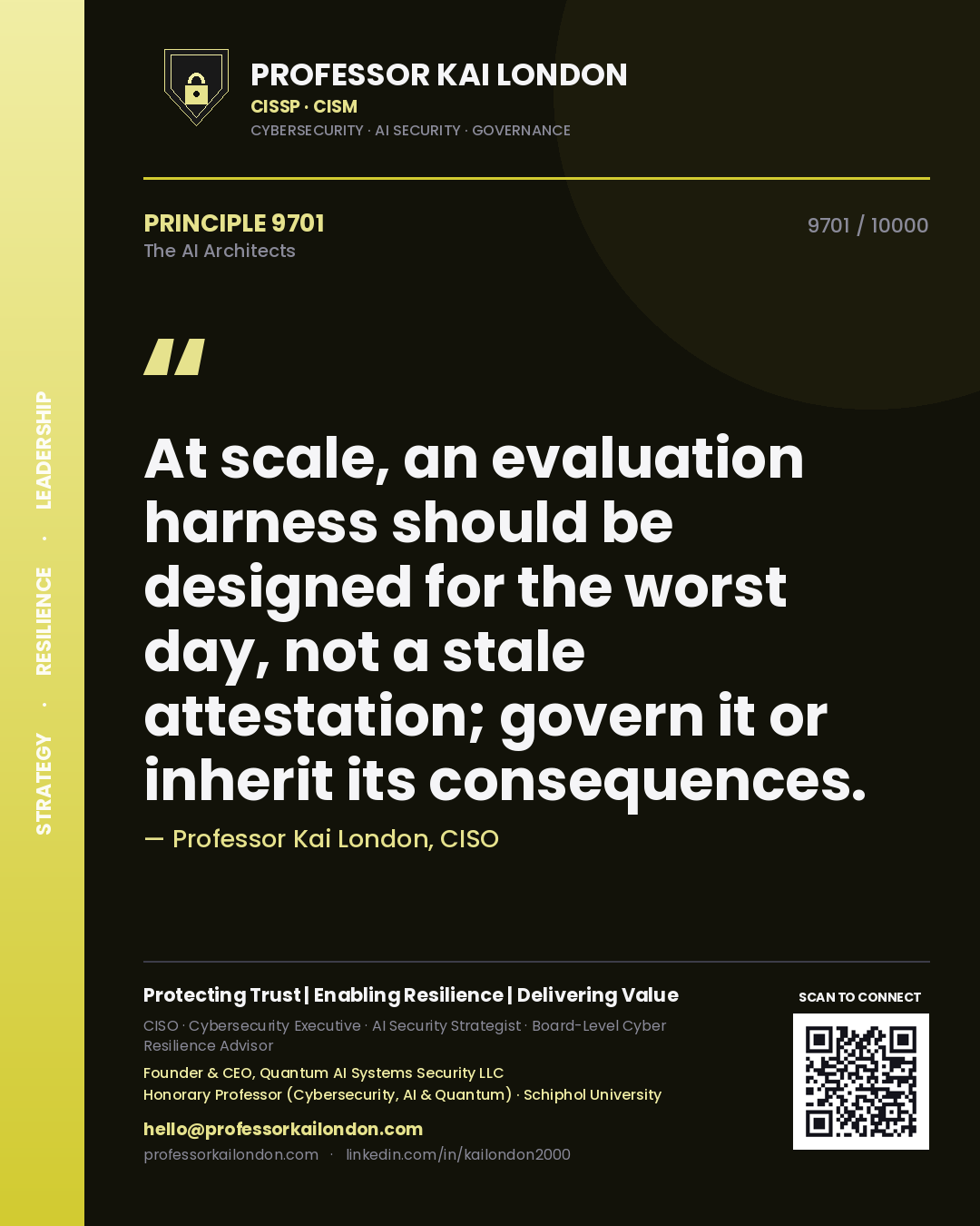Quote card by Professor Kai London reading 'At scale, an evaluation harness should be designed for the worst day, not a stale attestation; govern it or inherit its consequences.'. From the book The AI Architects.