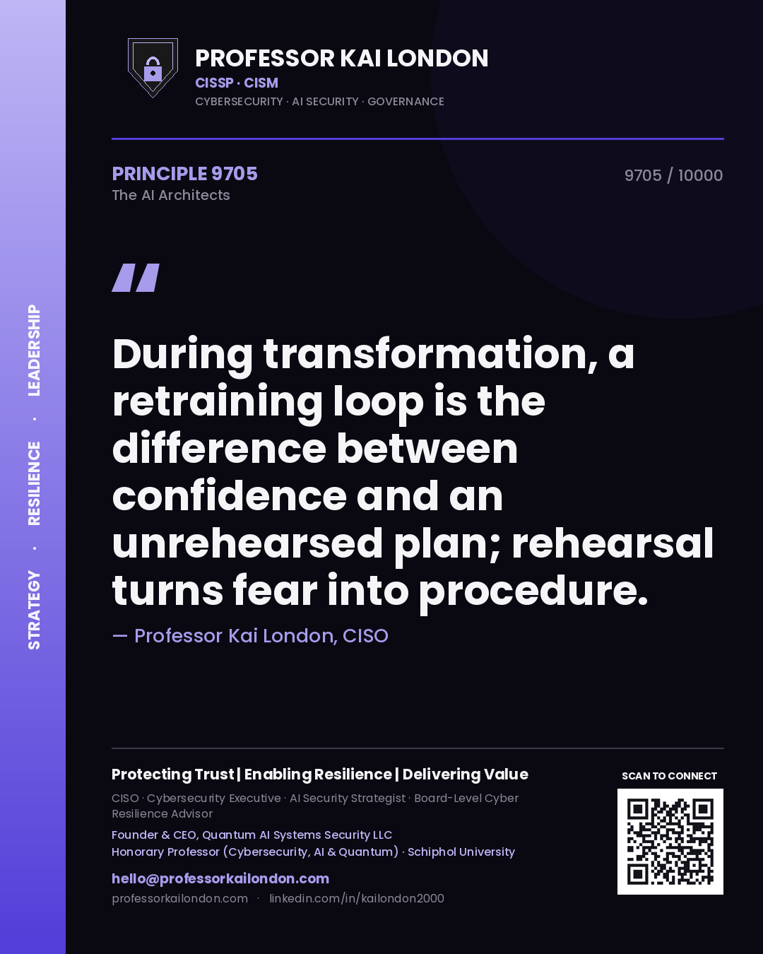 Quote card by Professor Kai London reading 'During transformation, a retraining loop is the difference between confidence and an unrehearsed plan; rehearsal turns fear into procedure.'. From the book The AI Architects.